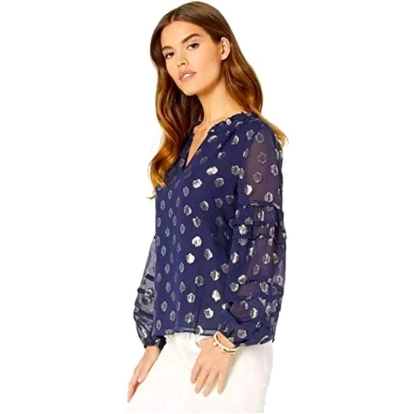 NWT LILLY PULITZER GIANA SILK TOP TRUE NAVY SEAGRASS METALLIC CLIP CHIFFON - Picture 7 of 8